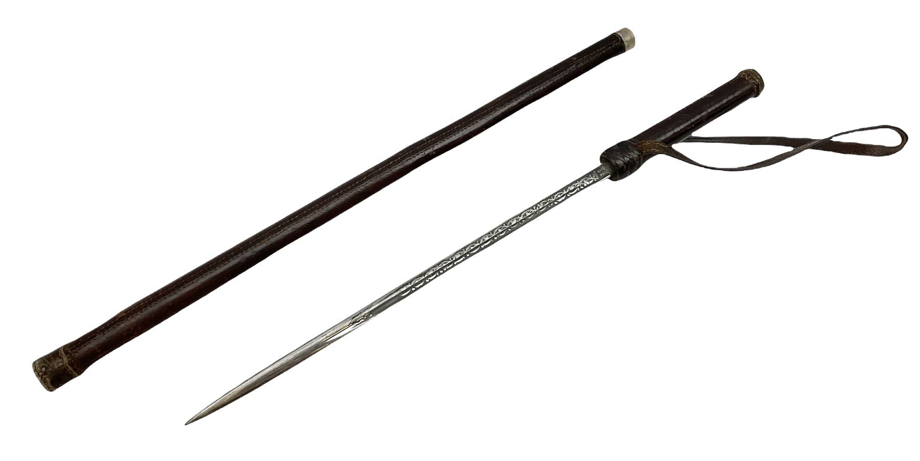 Early 20th century officer's swagger type leather covered sword stick, the 33cm etched single fullered blade marked Wilkinson Pall Mall, with carrying strap L60.5cm