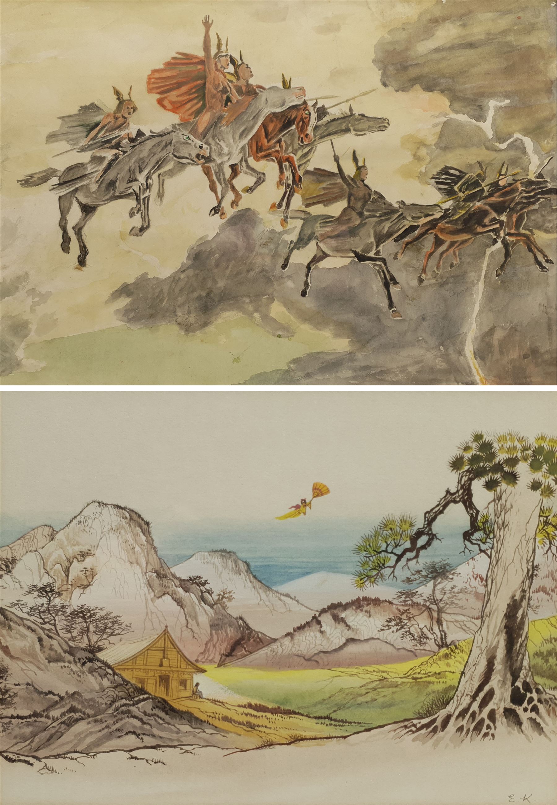 John Armstrong (British 1924-2018): Ride of the Valkyries, watercolour unsigned 37cm x 53cm; Eric Kincaid (British 1931-): 'The Japanese Princess', watercolour signed with initials, titled on exhibition label verso 16cm x 21cm (2) 
Provenance: Armstrong with Sulis Fine Art, label verso. Probably a sketch for a book illustration.
