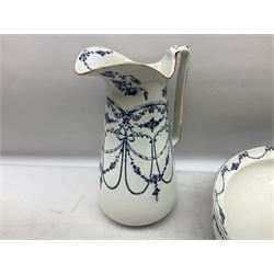 Victorian Empire blue and white transfer printed slop bucket with lid, H28cm excl handle, wash jug and bowl set with toothbrush holder, soap dish and drainer etc