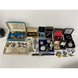 Collection of silver and costume jewellery including rings, brooches, earrings, necklaces, wristwatches including Avia and Sekonda and a hallmarked silver pocket watch 