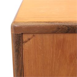 G Plan - 'Fresco' chest of drawers and mirrored dresser, chest of drawers with six drawers, dresser with four graduating drawers and swing mirror surrounded in teak, both raised on a recessed plinth base
Chest H 99cm, W 53cm, D 45cm
Dresser H 136cm, W 72cm, D 48cm