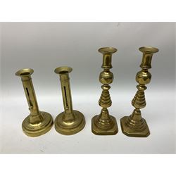 Quantity of Victorian and later brass candlesticks, to include examples of barley twist form 