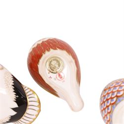 Three Royal Crown Derby paperweights, comprising Mallard silver stopper, Cockerel silver stopper and Chaffinch gold stopper, H6cm