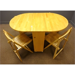  Beech drop leaf table with gate action supports with four chairs which store under the table, 130cm x 85cm, H76cm   