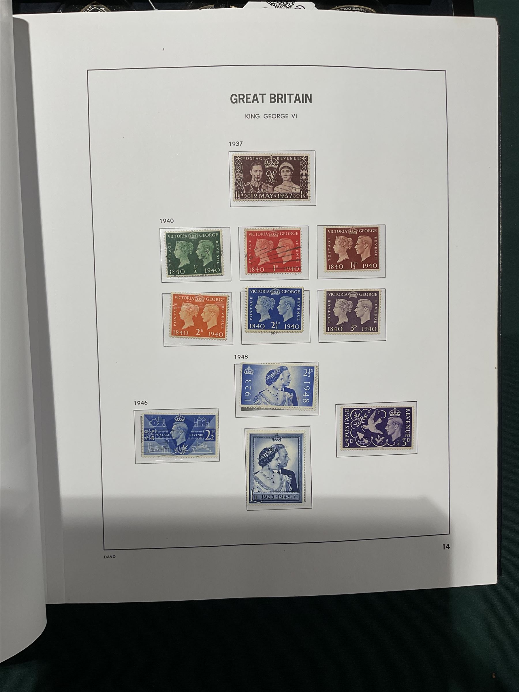 Extensive single album collection of Great British Queen Victoria and later stamps, including QV penny black with three margins, 1840 two pence blue, perf two pence blues with white lines added, QV one pound brown lilac, QV one pound green, King George V seahorses, 1929 Postal Union Congress one pound black, King George VI 1939-48 set of six with ten shillings dark blue, Queen Elizabeth II pre-decimal issues, housed in a Stanley Gibbons Great Britain 2001 album, a well presented collection with few ommissions