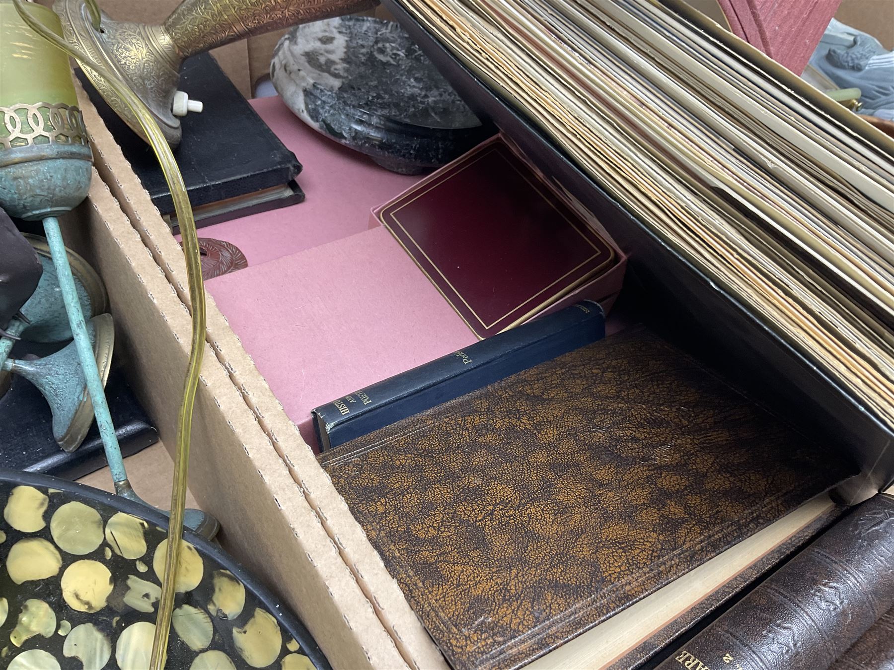 20th century Postilion brass and agate carriage clock with bevelled glass panel, H13cm, Peugeot Freres coffee grinder, silver-plate, figures, quantity of vinyl records, four The Works of William Shakespeare pub Odhams Press, brass lamp etc in three boxes