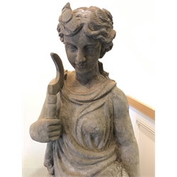  Hand carved stone figure of classical style lady carrying sickle on plinth, W43cm, H162cm, D32cm  