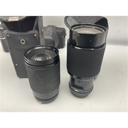 Collection of camera bodies and lenses, to include Olympus OM-1 camera body, serial no 106567, with 'Olympus OM-System F.Zuiko Auto-S 1:1.8 f=50mm' lens, serial no 135097,  Zenit-B camera body, serial no 71017867, with 'Helios-44-2 2/58' serial no 7500040, Voigtlander Vito B camera body, with 'Voigtlander Colour Skopar 1:2.8/50' lens, 'Olympus OM-System Zuiko Auto-Zoom 1:4 f=75-150mm' lens serial no 104321, 'Tamron SP 35-210mm 1:3.5-4.2' lens etc 