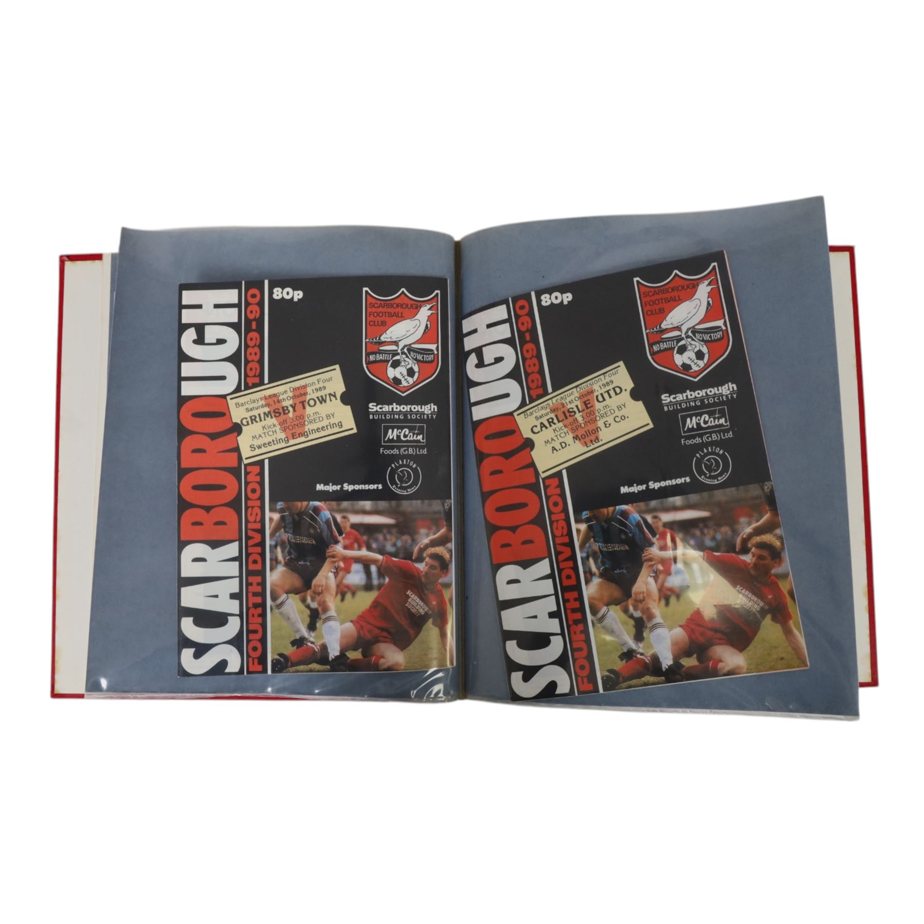 Comprehensive collection of approximately one-hundred and ninety Scarborough FC football programmes for the 1987/88, 1988/89 and 1990/91 seasons, all filed within six dedicated Scarborough FC red Home and Away binders 