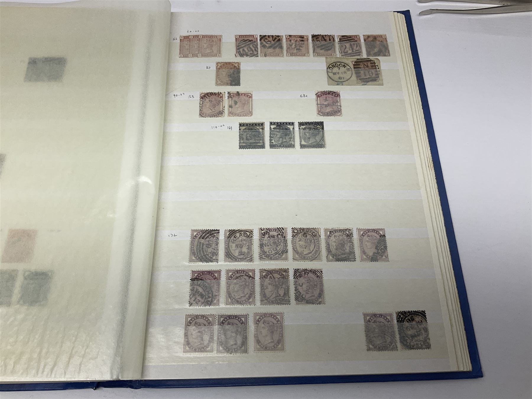 Mostly Great British Queen Victoria stamps, including penny black with black MX cancel, 1840 two pence blue with black cancel, imperf penny reds singles and pairs, perf penny reds stars and plates, various postmarks or cancels, penny reds on pieces or covers, halfpenny 'bantams', other QV issues with some higher values etc, housed in a blue stockbook