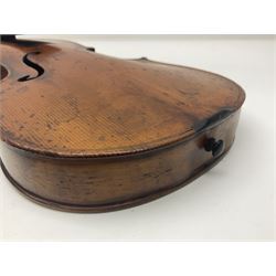 Late 19th century German trade violin c1890 with 36cm two-piece birds-eye maple back, neck and ribs and spruce top; bears label 'Manufactured in Berlin Special Copy of Nicolaus Amati' L59.5cm; in carrying case