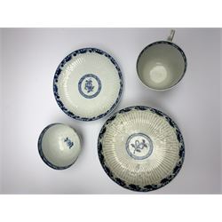 18th century Phillip Christian Liverpool reeded and floral moulded tea wares, comprising coffee pot, tea bowl and saucer, and coffee cup and saucer, each detailed with foliate and trellis borders, teapot H25cm, tea bowl D7.5cm, saucer D13cm 