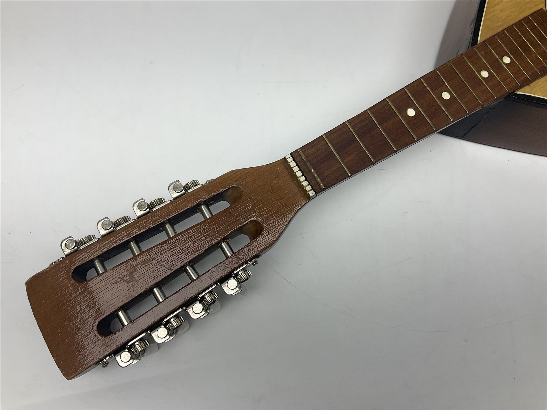 French mandolin with segmented lute back and mother-of-pearl inlaid spruce top; bears label for 'Jerome Thibouville-Lamy & Cie Paris L60cm; and another unmarked flat-back mandolin; both for completion (2)