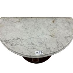 Victorian mahogany and marble demi-lune console table, moulded white and grey veined marble top, on cabriole support carved with paw, demi-lune undertier over compressed bun feet 