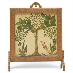 Arts & Crafts copper framed fire screen, the framed decorated in relief with with repeatin...