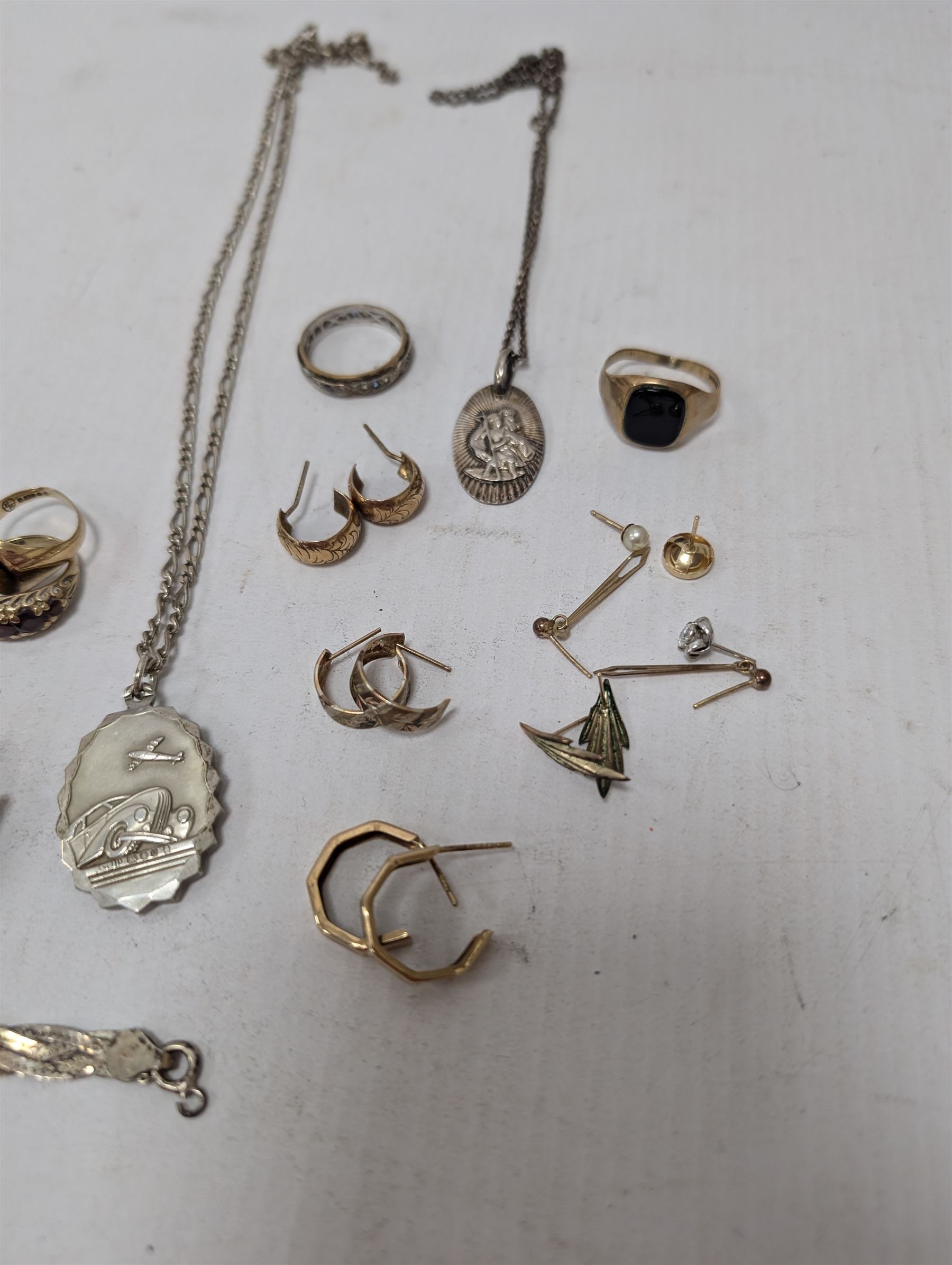 Georg Jensen silver St Christoper's pendant, 9ct gold jewellery including earrings and stone set ring, cameo, silver jewellery and a 9ct gold wristwatch, on expanding gilt strap