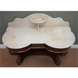  Victorian mahogany marble top 'Duchess' washstand, single frieze drawers, acanthus carved scrolled cabriole legs joined by undertier, W120cm, H94cm, D55cm  