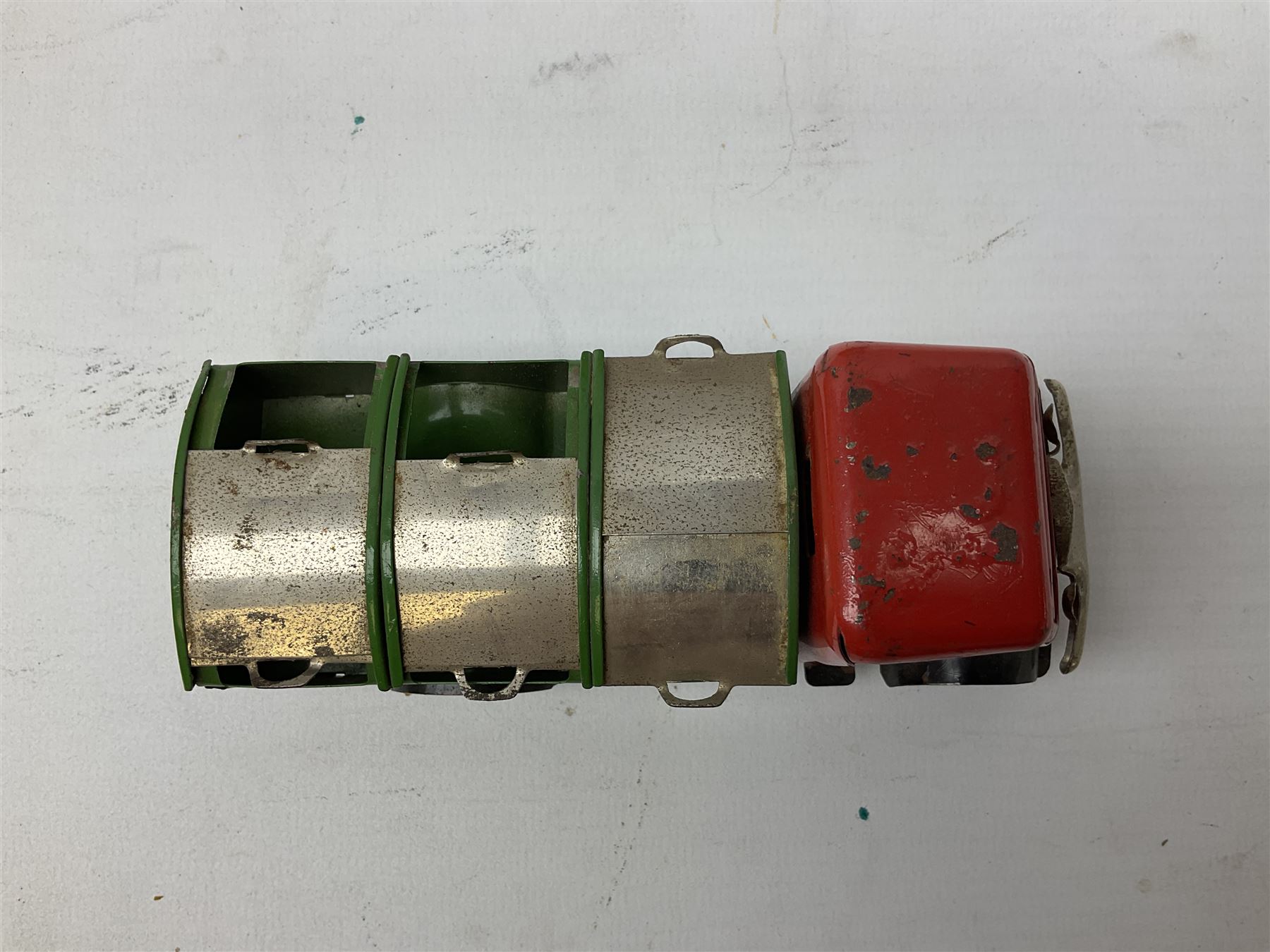 Tri-ang Minic tin-plate clockwork - London Transport Routemaster double decker bus 'Route 14 Putney' with Bovril and Tri-ang Pedal Motors advertisements; and Refuse Wagon with three sliding compartments; both unboxed (2)