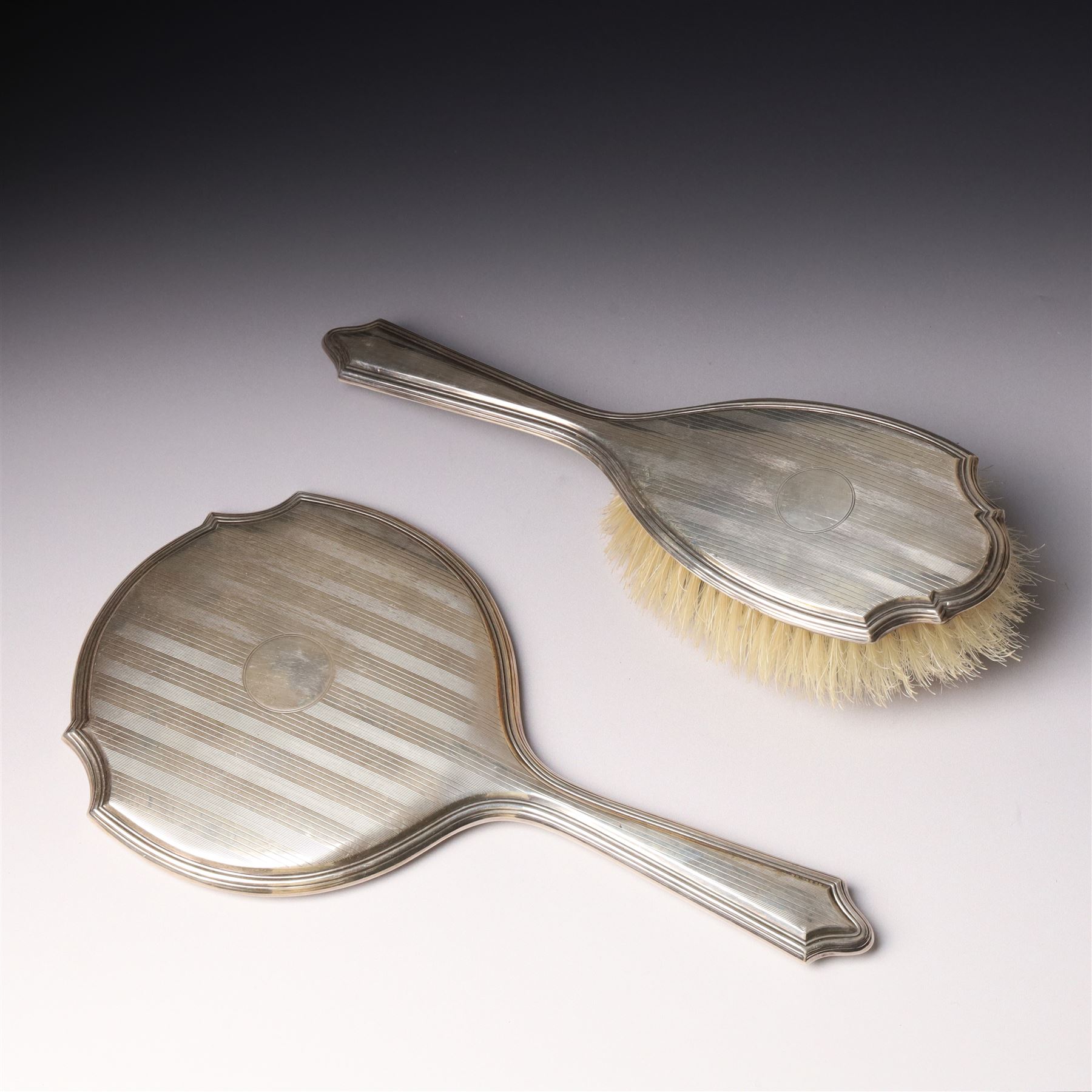 Five piece engine turned silver backed dressing table set Birmingham 1923/24 Maker Docker & Burn Ltd