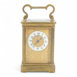 French-Edwardian 8-day timepiece carriage clock with a cylinder platform escapement, angla...