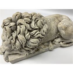 Two early 20th century reconstituted stone Grand Tour or Chatsworth House type lions after Antonio Canova, each modelled in recumbent pose upon a rectangular plinth, signed to plinth Dilettanti, each approximately L31cm