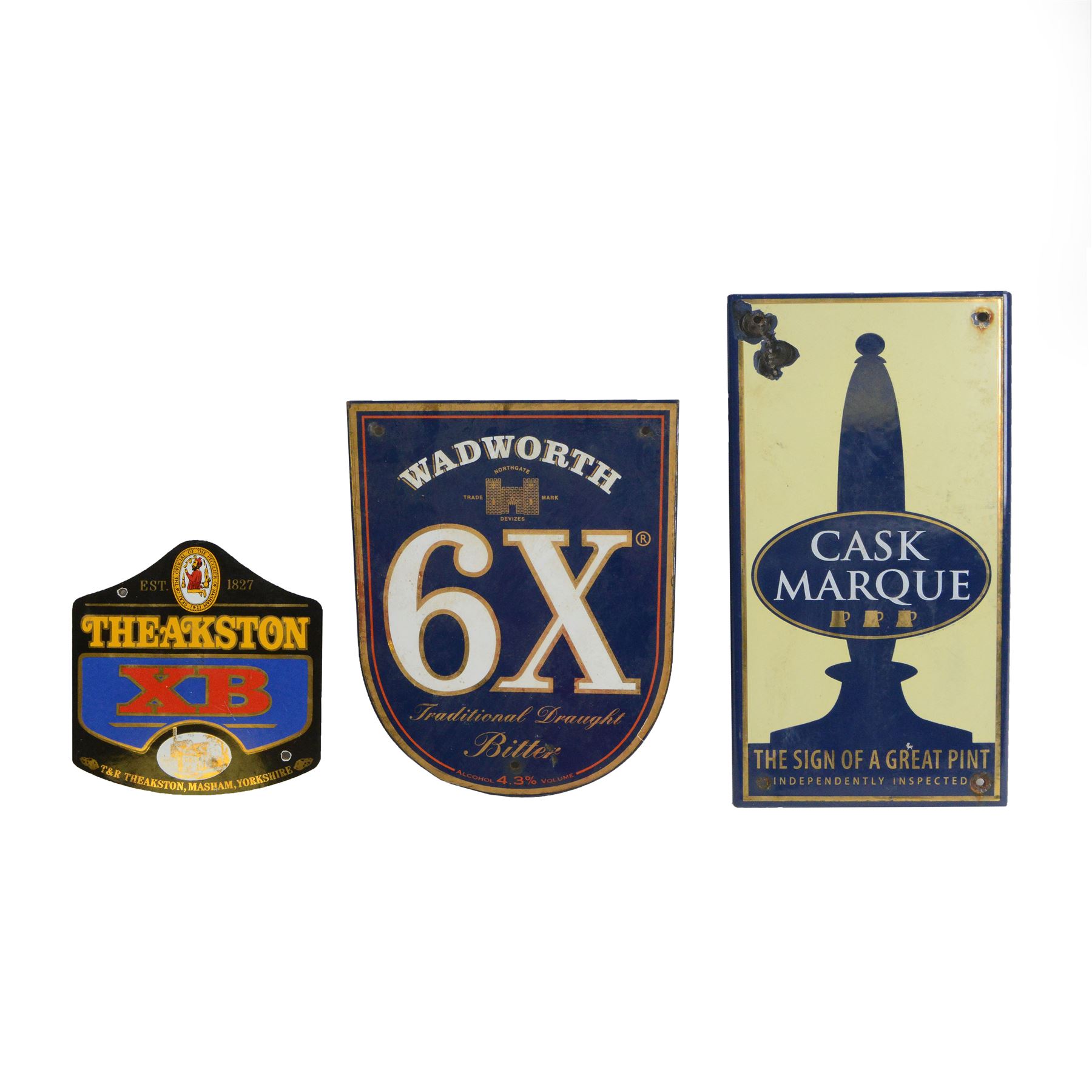 Cask Marque enamel sign, together with Theakston XB sign and Wadworth 6x sign 