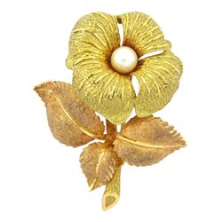 19ct rose and yellow gold flower brooch set with a single pearl