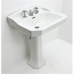 Roll top bath on ball and claw feet with chrome mixer tap and shower head attachment (W76cm, H68cm, L170cm)  and Pedestal basin with taps (W61cm, H87cm, D49cm)
