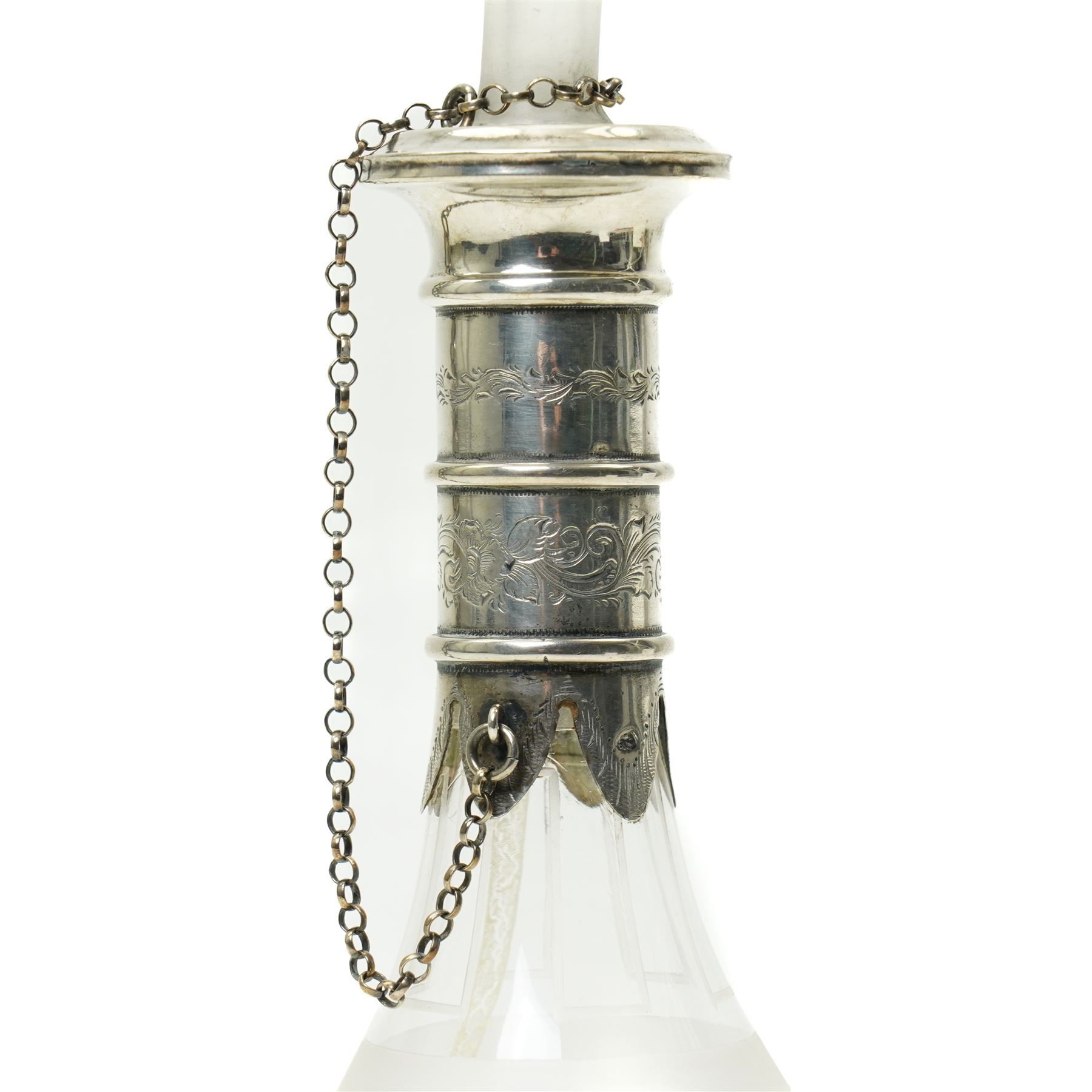 French glass decanter of baluster form with etched decoration and silver collar and foot H33cm