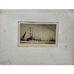 Frank Henry Mason (Staithes Group 1875-1965): 'My Flotilla' Leith 1916, dry point etching signed in pencil, original artist's title in pencil on the mount 10cm x 16cm (unframed)
Provenance: from the estate of Christine Dexter and by descent from the artist's sister Eleanor Marie (Nellie)