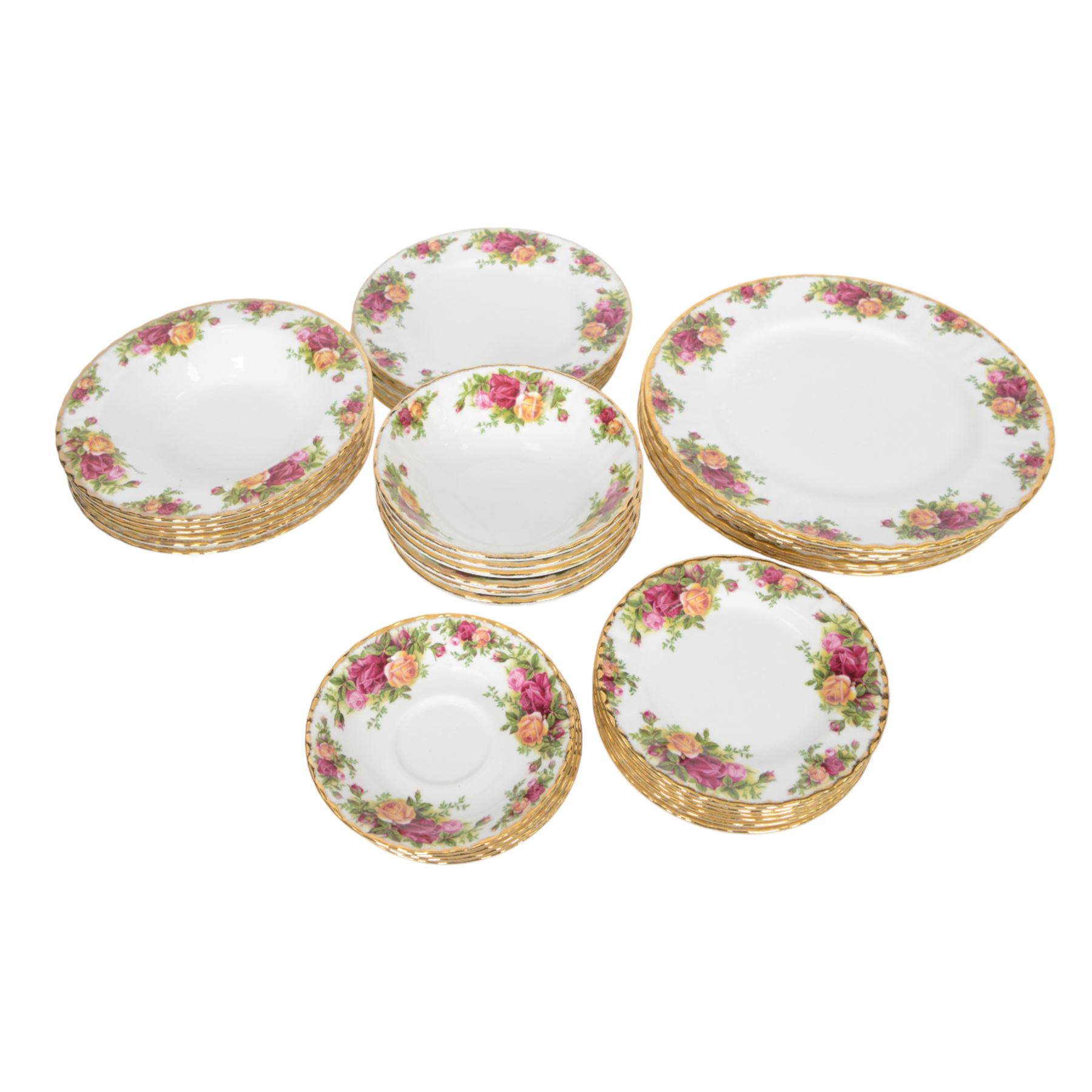 Royal Albert Old Country Roses tea and dinner service for six, including teapot, covered sucrier, milk jug, dinner plates, soup bowls, side plates etc  