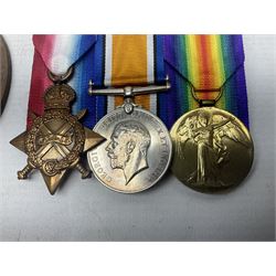 WW1 group of three medals comprising British War Medal, 1914-15 Star and Victory Medal together with bronze Memorial Plaque named to 18397 Pte. E. W. Marchant Y. & L. R.; with ribbons; displayed on modern board for wearing