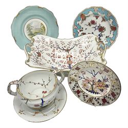 19th century Royal Crown Derby in cherry tree pattern, twin handled sauce dish and saucer and twin handled dish, together with three Royal Crown Derby plates, including one signed WEJ Dean
