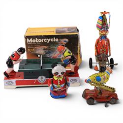 Collection of modern tin plate toys, including motorcycles, cars, table tennis players, carousel, etc