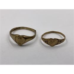 Four 9ct gold rings, to include cubic zirconia wishbone ring, single stone cubic zirconia ring and two heart design signet rings