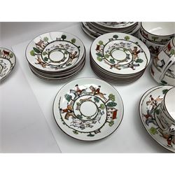 Coalport and Crown Staffordshire hunting scene part teawares, to include eleven teacups and saucers of various sizes, two cake plates, two jugs, four sugar bowls, fourteen dessert plates, etc (68)