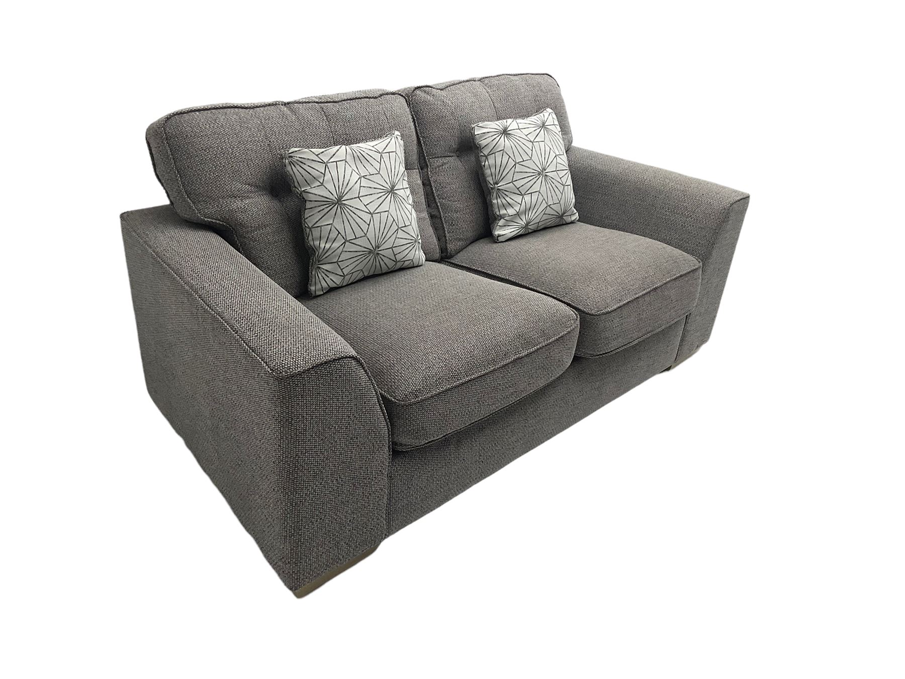 Two seat sofa, upholstered in grey fabric with scatter cushions The