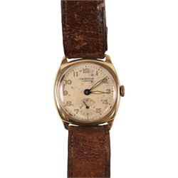 9ct gold manual wind wristwatch by J.W Benson, London silvered dial with subsidiary seconds dial, Birmingham 1957