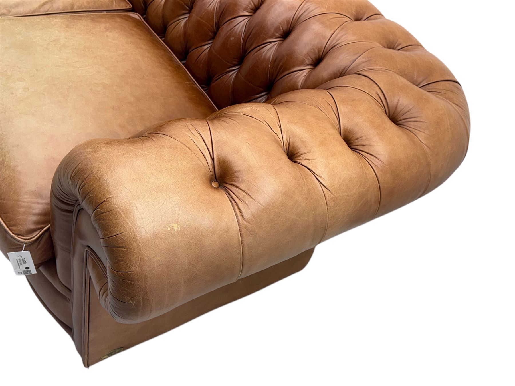 Springvale - large Chesterfield sofa, upholstered in buttoned tan leather, two cushion deep seat, turned bun feet