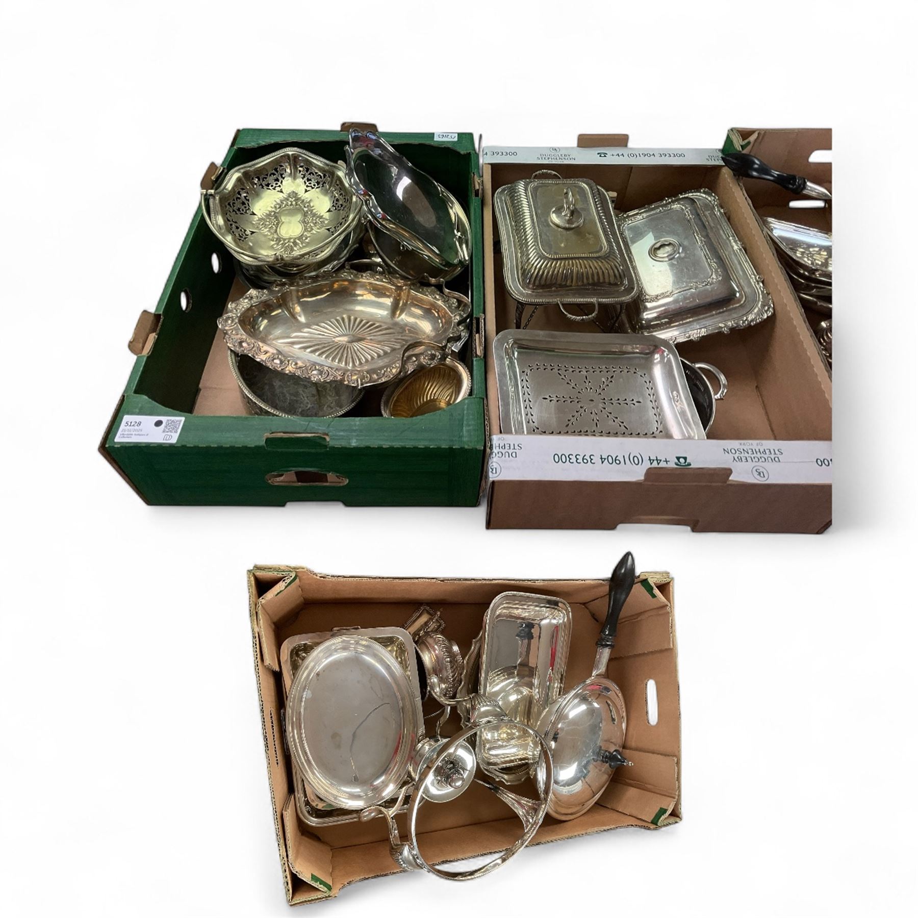 Victorian silver plate chafing dish, together with other silver plate, in three boxes 