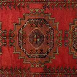North East Persian Kurdish hand-knotted carpet, madder red field with three vertical and central stepped octagonal medallions enclosing angular geometric motifs with scattered tribal devices, framed by multiple narrow borders with latch-hook patterns, enclosing a bold main border of repeating geometric motifs, palette with indigo, dark brown and soft green tones, 