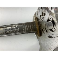 British George V 1897 Pattern Infantry Officers Sword, the 82.5cm fullered steel blade etched and polished with crowned royal arms, GRV cyphers and scrolling foliage, marked Army & Navy Co-operative Society 105 Victoria St London SW to the ricasso,  plated pierced basket hilt with wire bound fish skin grip and leather knot, No.15032; in leather covered scabbard