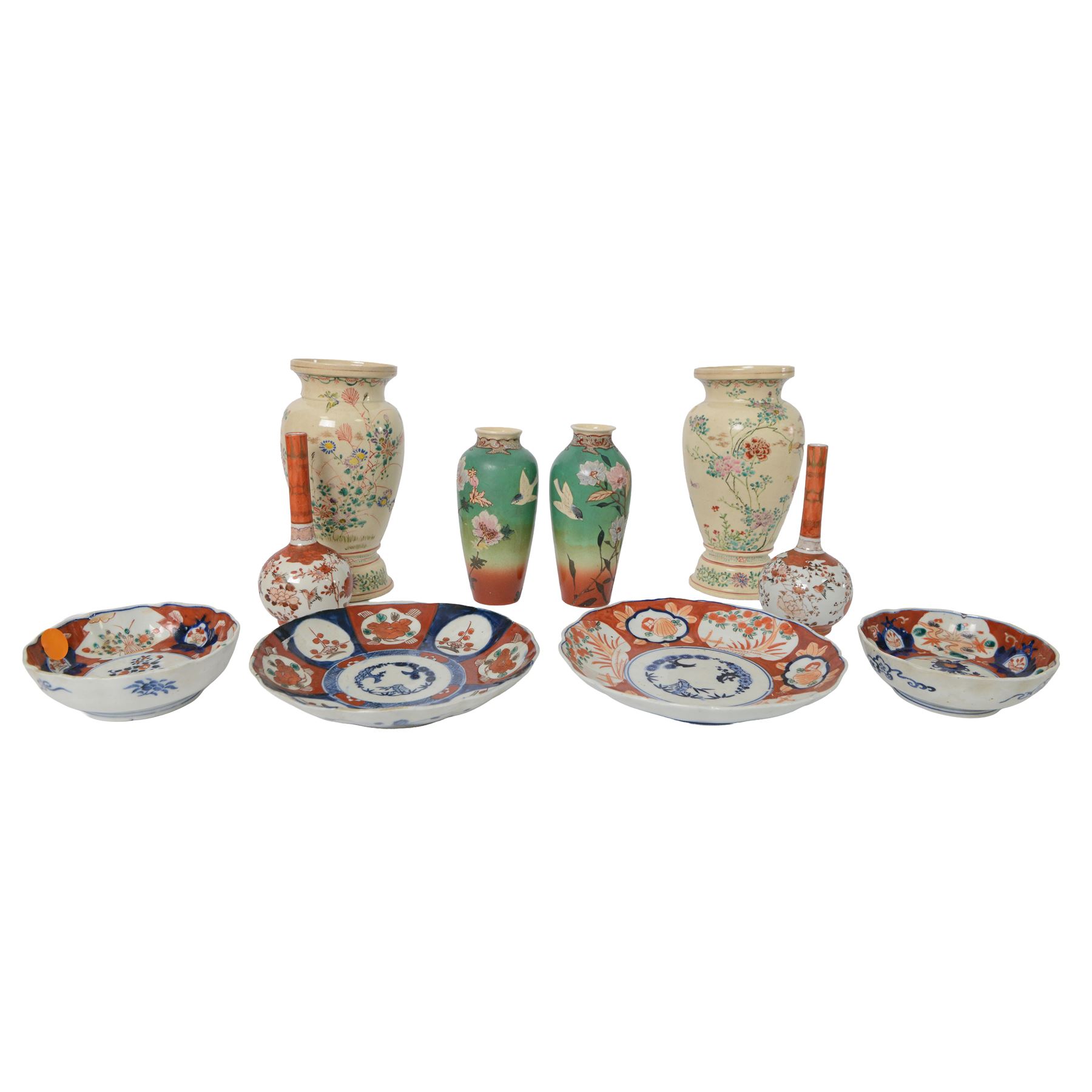 Japanese ceramics, comprising pair of Imari plates, pair of Imari bowls, pair of Satsuma bottle vases and two pairs of baluster form vases each decorated with birds amongst flowering branches, tallest vase H23cm