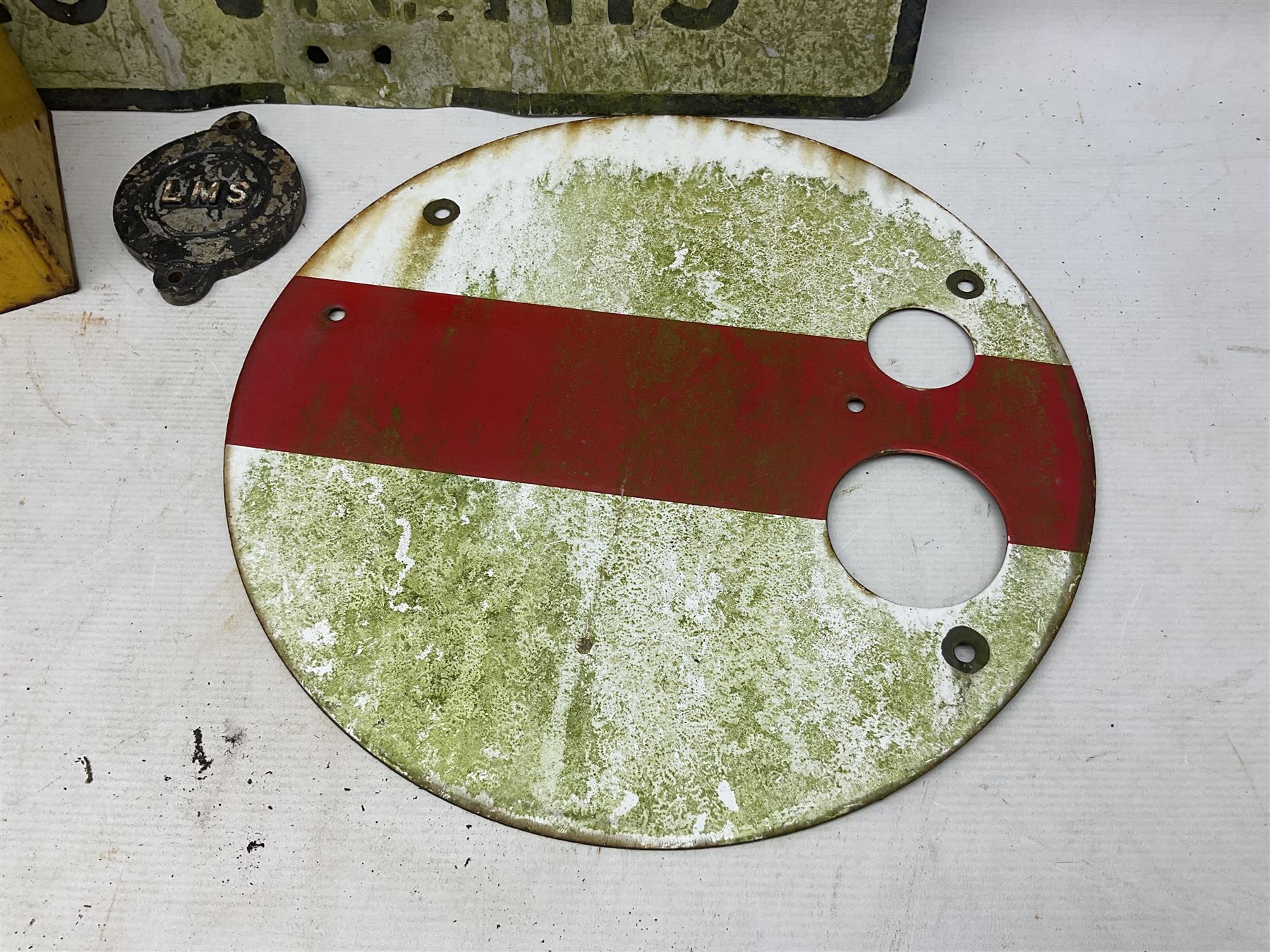 Victorian cast iron railway wagon plate, 'To Carry 10 Tons 4012, Registered by LNER-D 1898', together with a similar mid 20th century example, a smaller cast iron LMS wagon plate, Chalwyn signalling lamp, Give Way to Trains enamel sign and an enamel signal sign