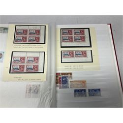 King George V Silver Jubilee stamps 1910-1935 including Bermuda marginal mint block of four, Virgin Islands marginal mint blocks of four including variations/errors, other similar blocks of four etc, various Royal Silver Wedding 1948 stamps, King George VI Victory 8th June 1946, Queen Elizabeth II Coronation etc, housed in a stockbook