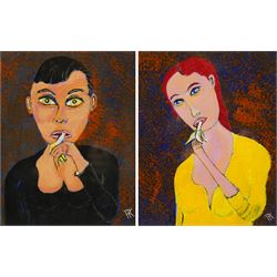 Peter Anton Klee (British Naive School 20th century): Banana Portraits, pair oils on board...