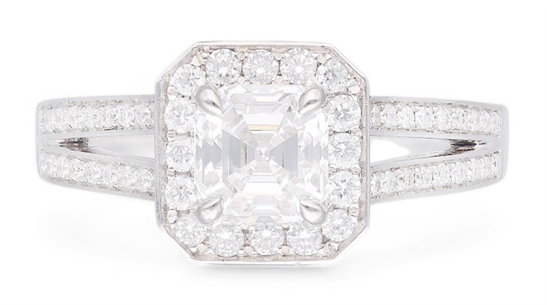 Platinum diamond cluster ring, the principal asscher cut diamond of 1.01 carat, with HRD report, colour F, clarity VS1, with round brilliant cut diamond surround and diamond set shoulders, hallmarked, total diamond weight 1.34 carat