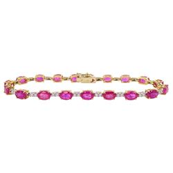  18ct gold oval ruby and round brilliant cut diamond bracelet, stamped 750, total ruby weight approx 10.55 carat, total diamond weight approx 0.55 carat