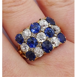  Victorian 18ct gold ring, with three rows of alternating swiss and old cut sapphires, and old cut diamonds, total diamond weight approx 1.40 carat  
[image code: 3mc]