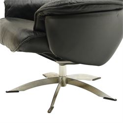 Hjort Knudsen - Danish swivel armchair or desk chair, high back over swept arms, upholstered in black leather, raised on a five-spoke chrome base with swivel action